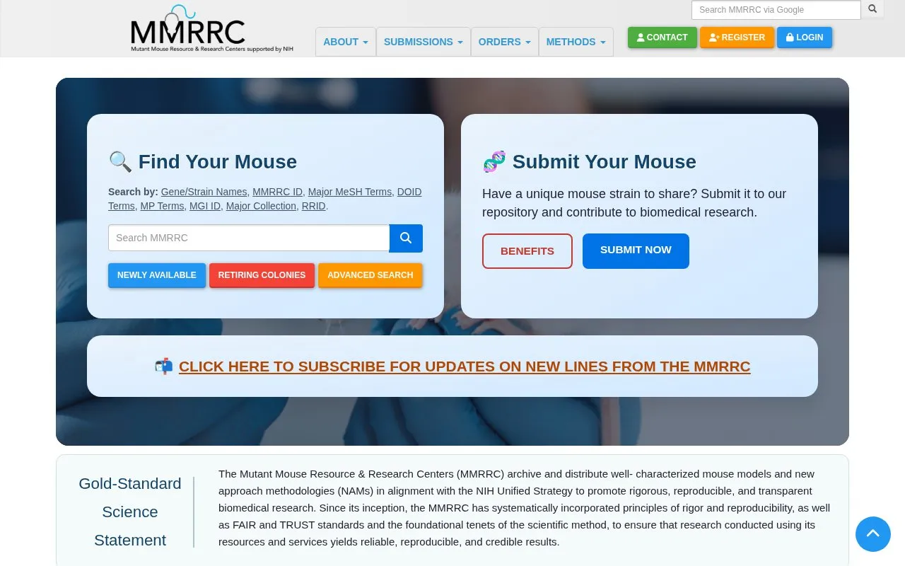 Mutant Mouse Resource & Research Centers homepage screenshot