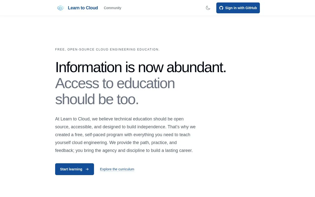 LearnToCloud homepage screenshot