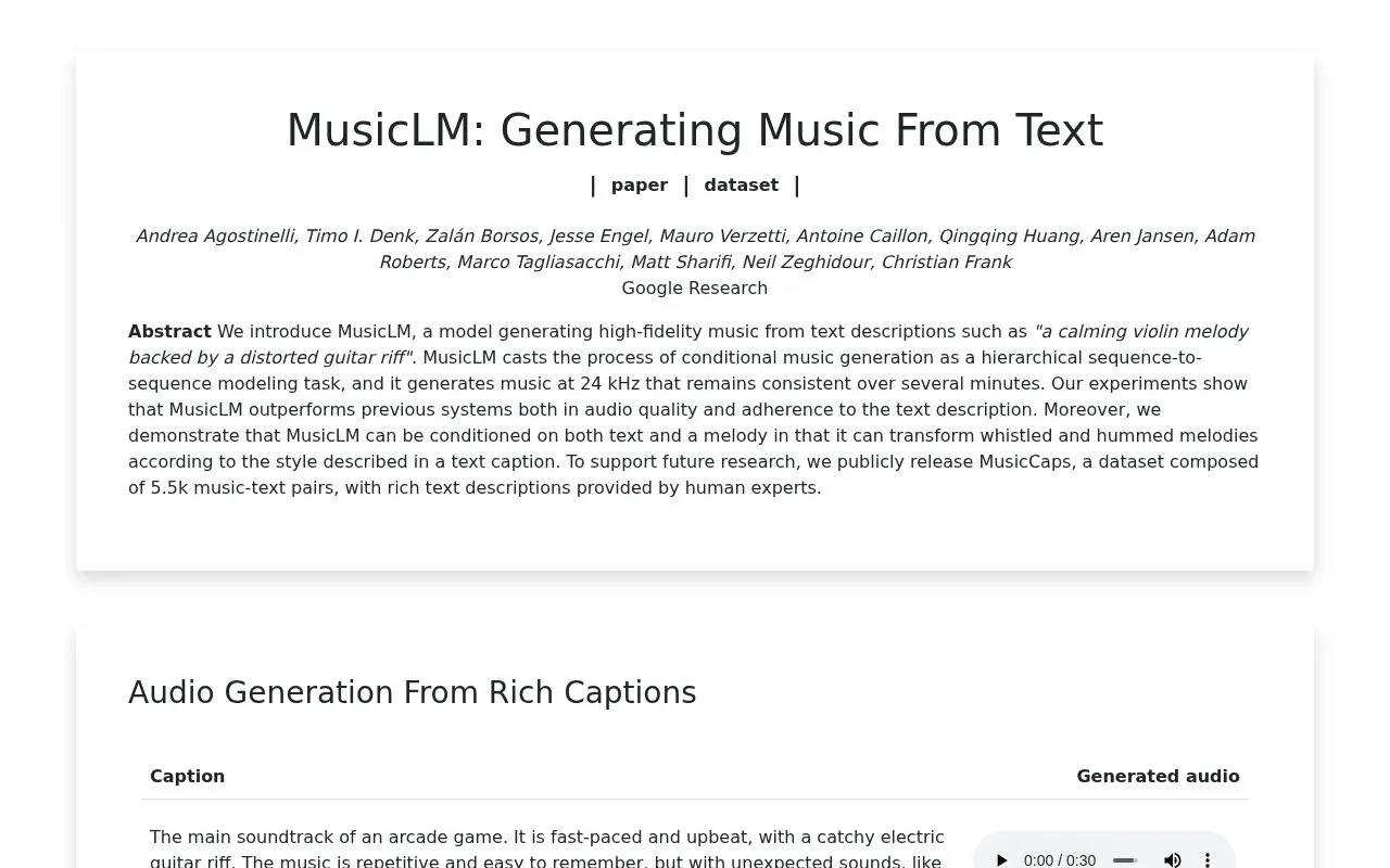 MusicLM homepage screenshot