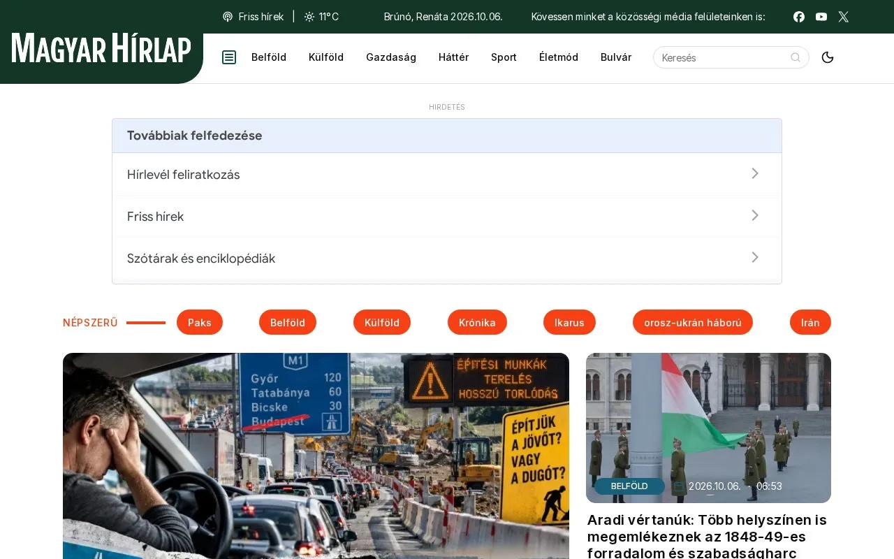 Magyar Hírlap homepage screenshot