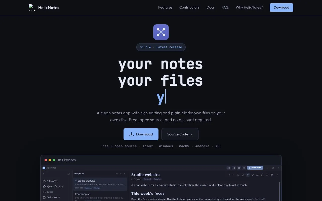 HelixNotes homepage screenshot