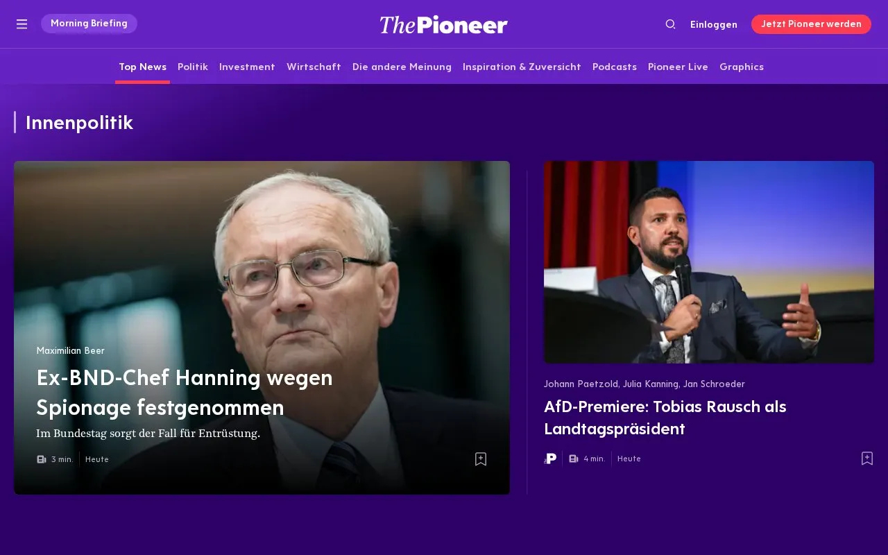 The Pioneer homepage screenshot