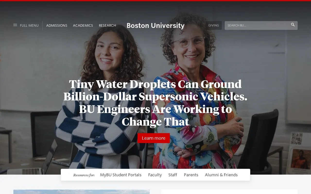Boston University homepage screenshot