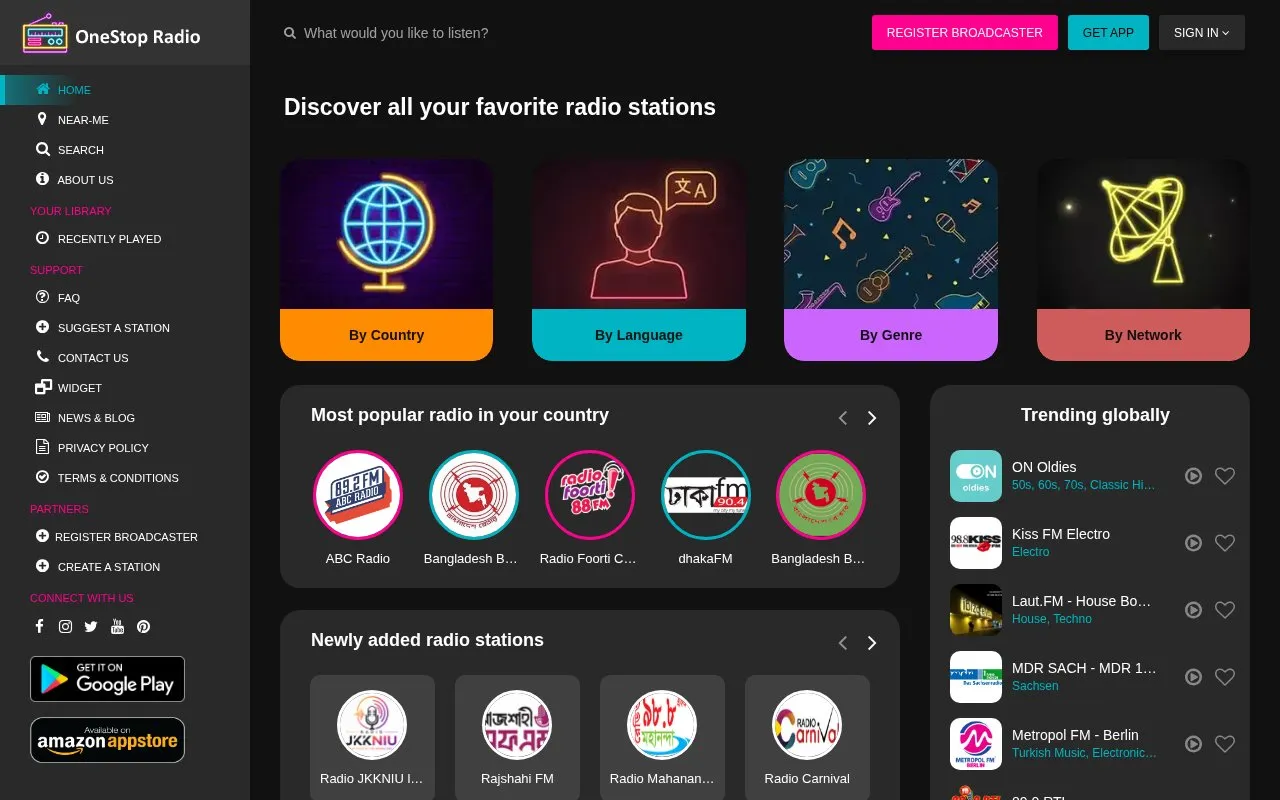 TheOneStop Radio homepage screenshot