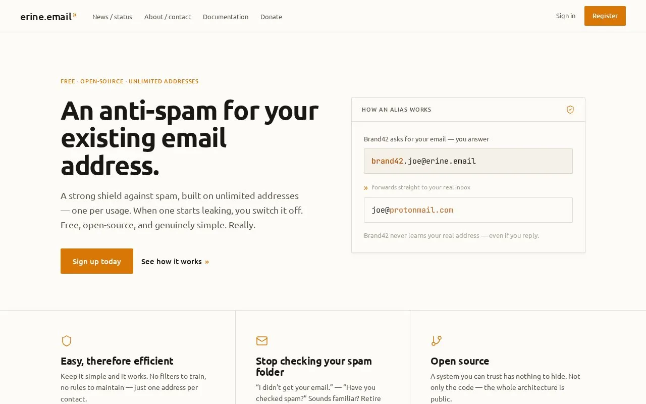 erine.email homepage screenshot