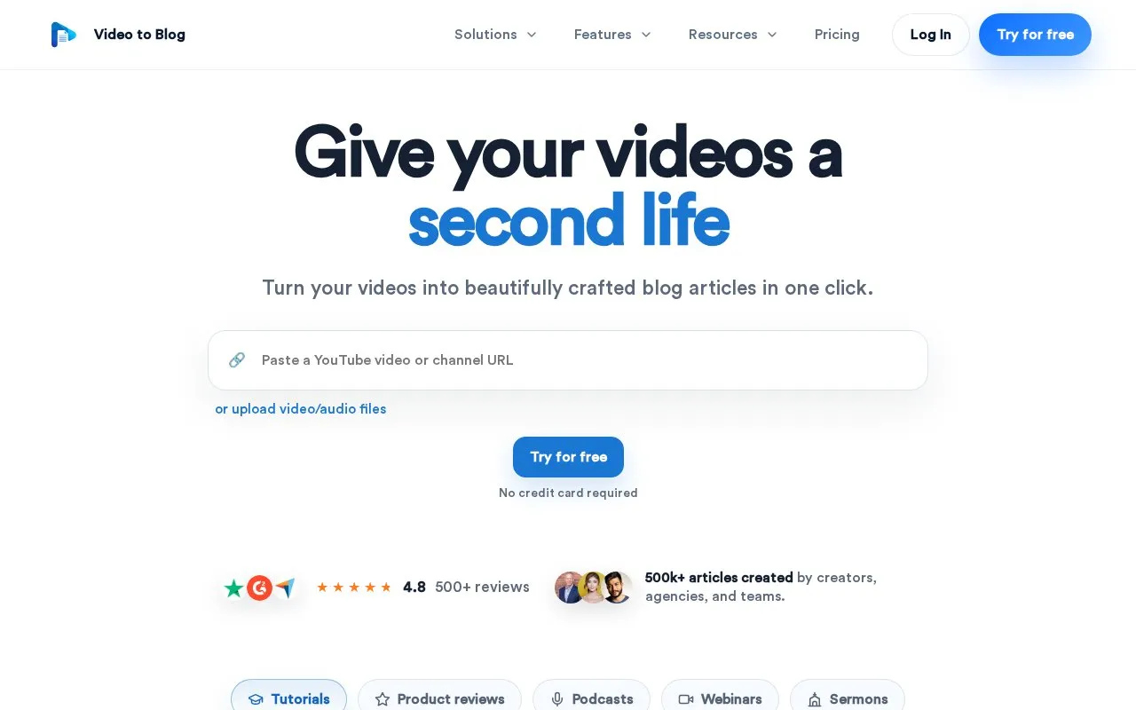 Video To Blog homepage screenshot