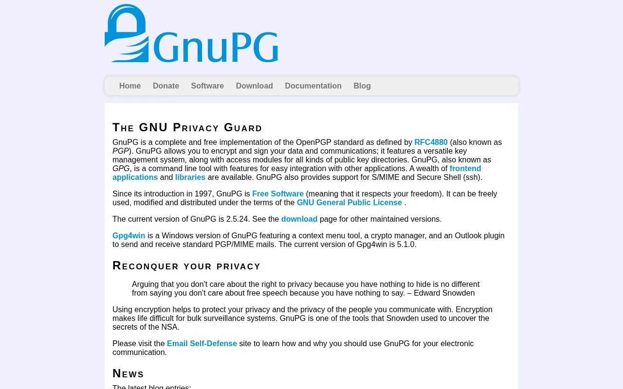 GnuPG homepage screenshot