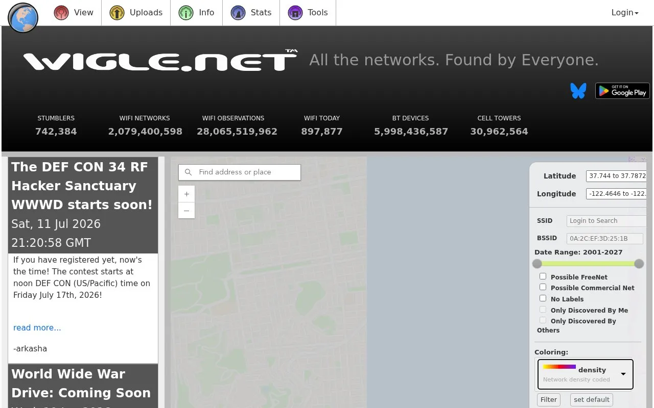 WiGLE: Wireless Network Mapping homepage screenshot