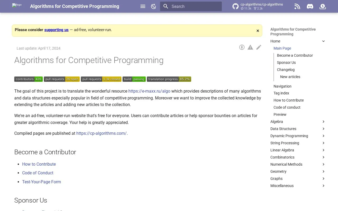 CP-Algorithms homepage screenshot