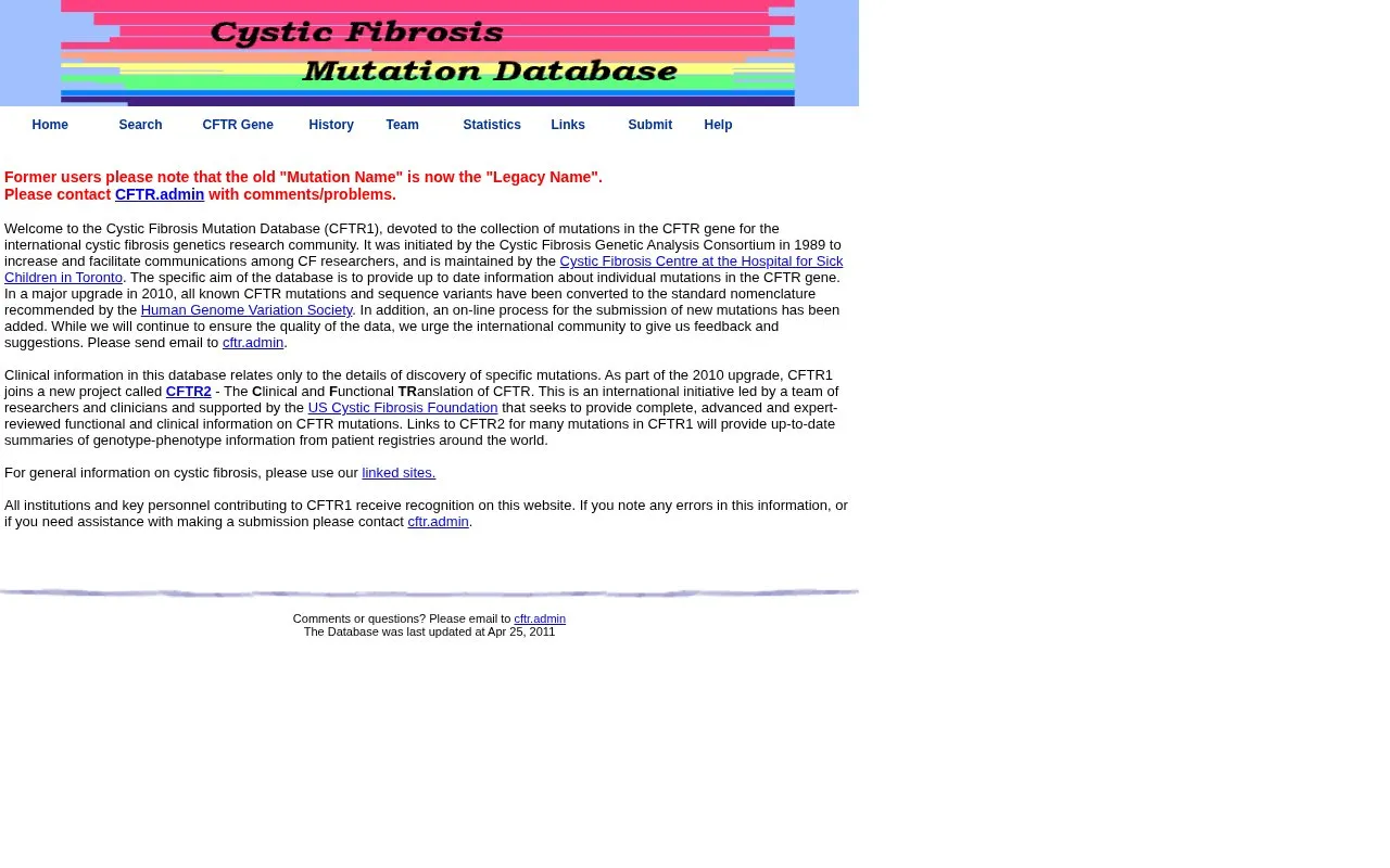 Cystic Fibrosis Mutation Database homepage screenshot