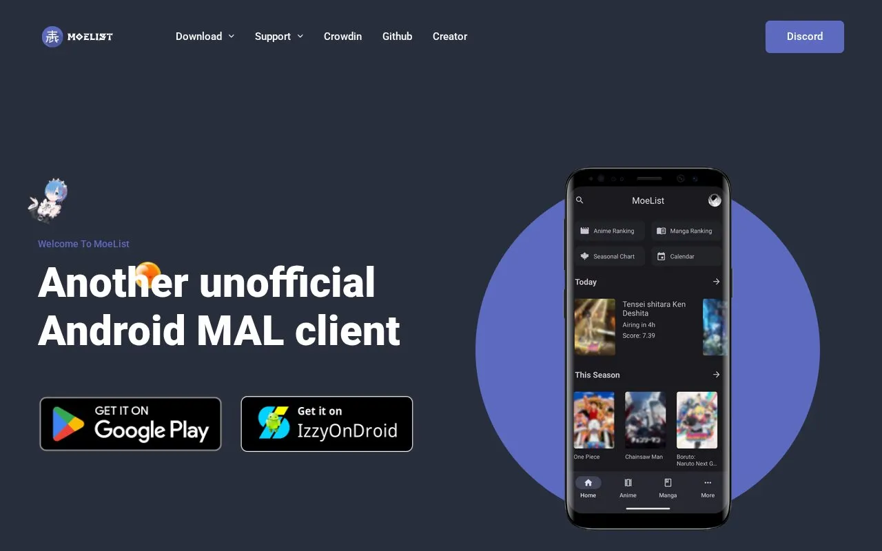 Moelist homepage screenshot