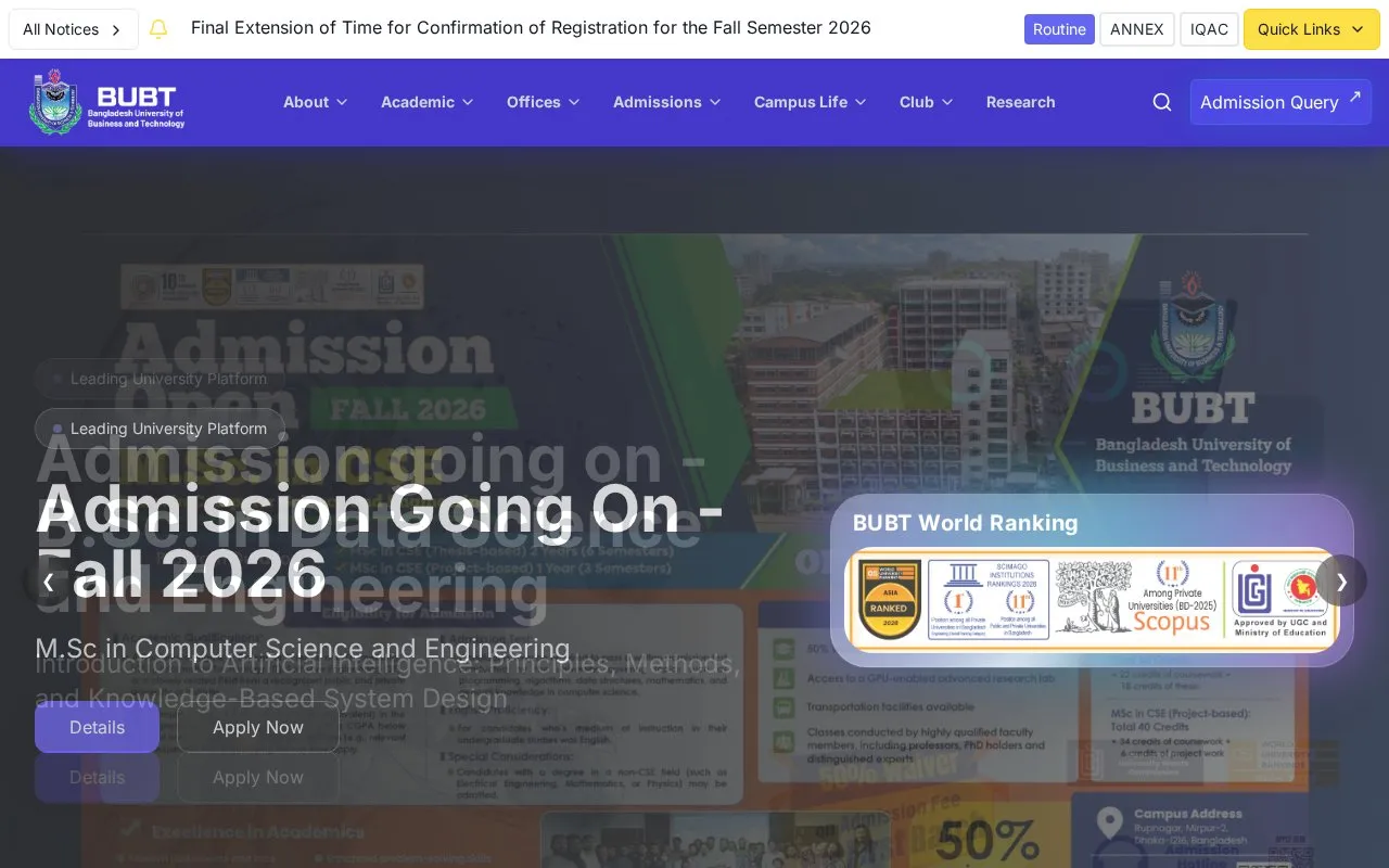 Bangladesh University of Business and Technology homepage screenshot