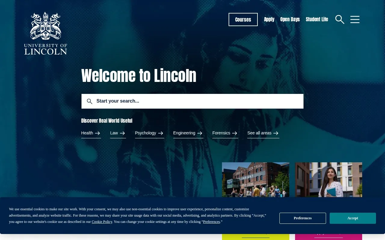 University of Lincoln homepage screenshot