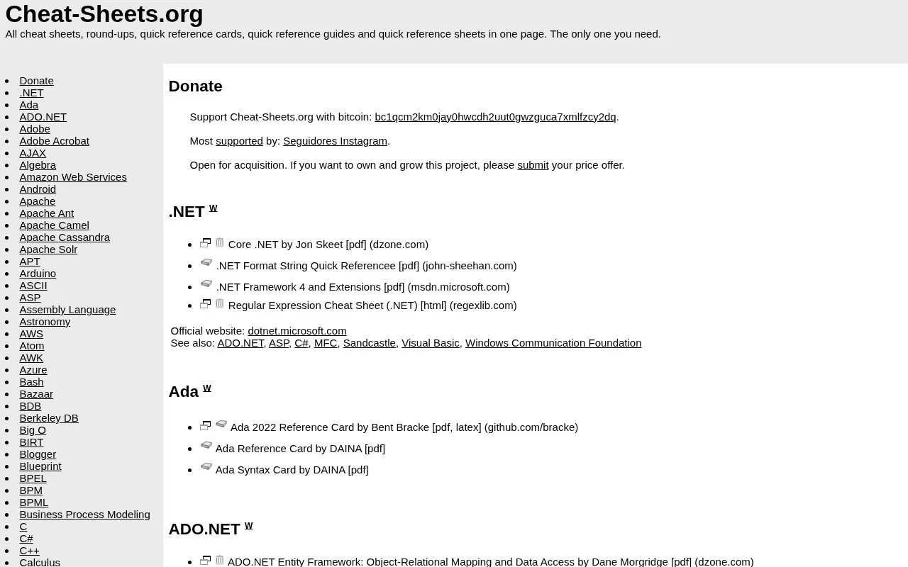 Cheat Sheets homepage screenshot