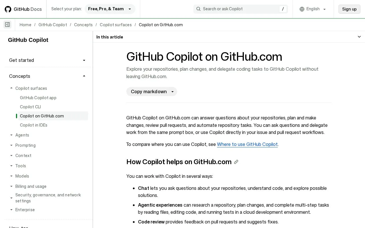 GitHub Copilot coding agent homepage screenshot