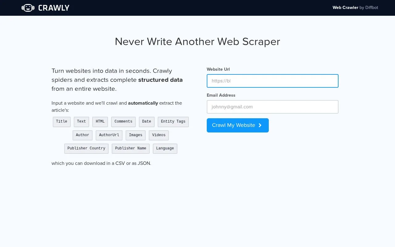 Crawly homepage screenshot