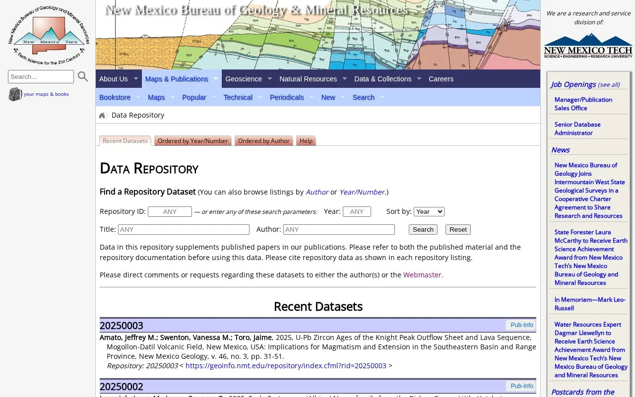 New Mexico Bureau of Geology & Mineral Resources Data Repository homepage screenshot
