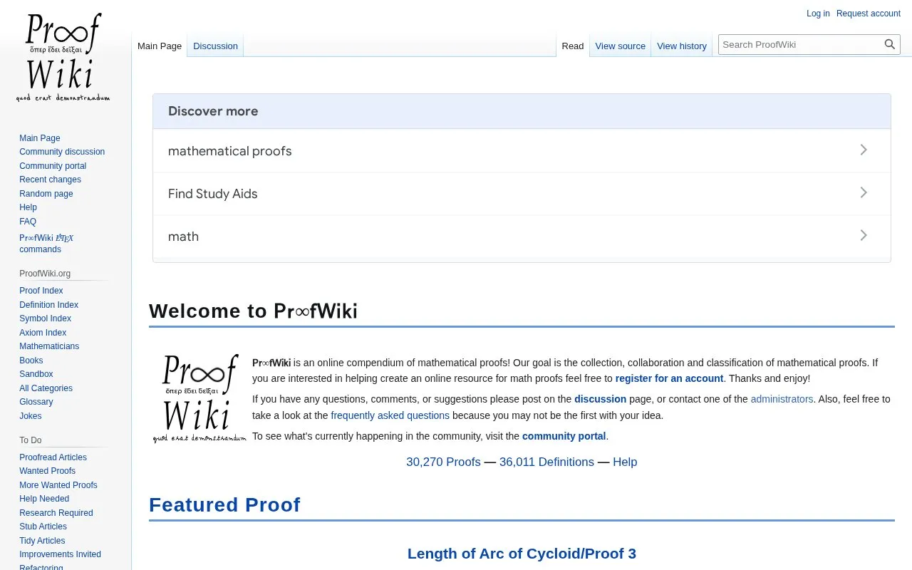 ProofWiki homepage screenshot