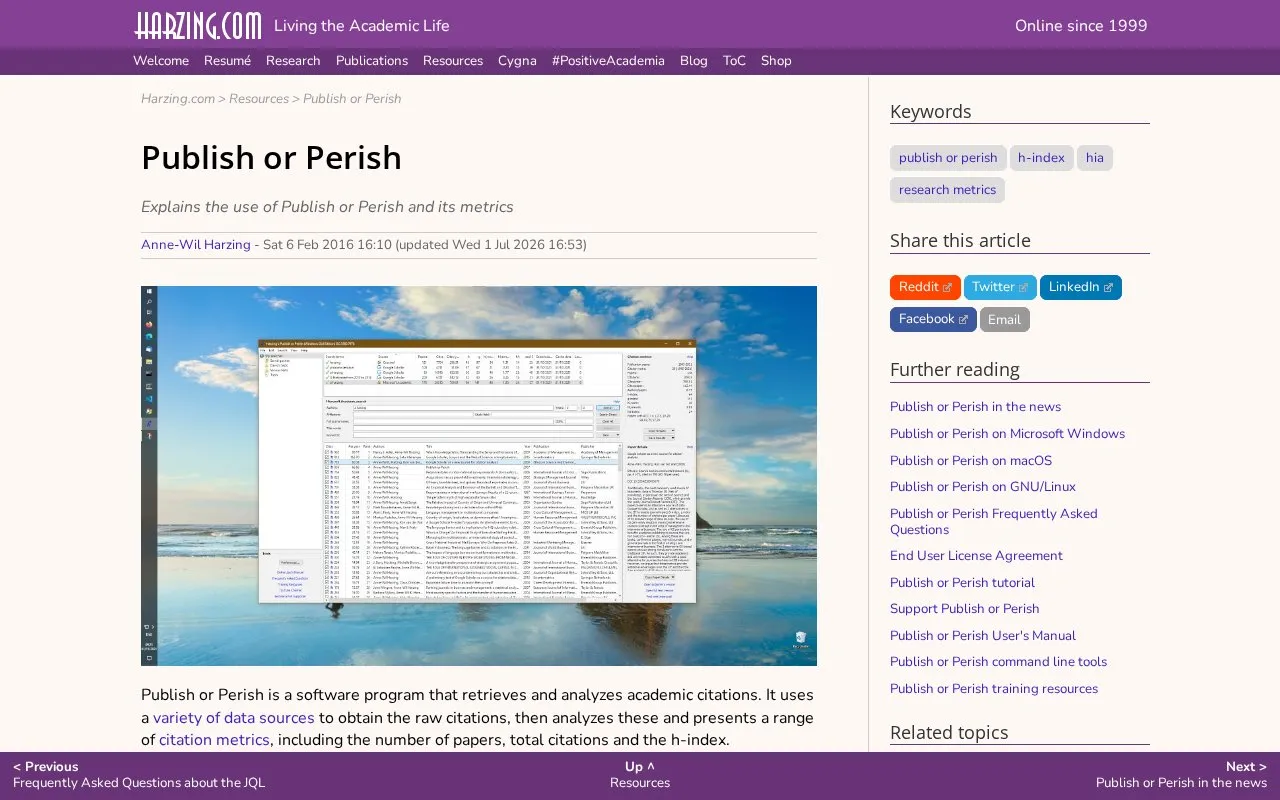 Publish or Perish homepage screenshot