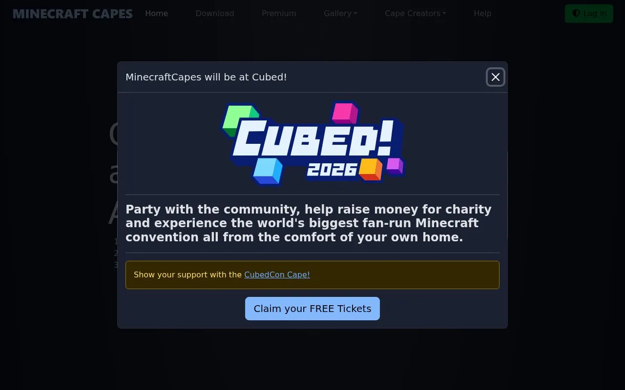 MinecraftCapes homepage screenshot