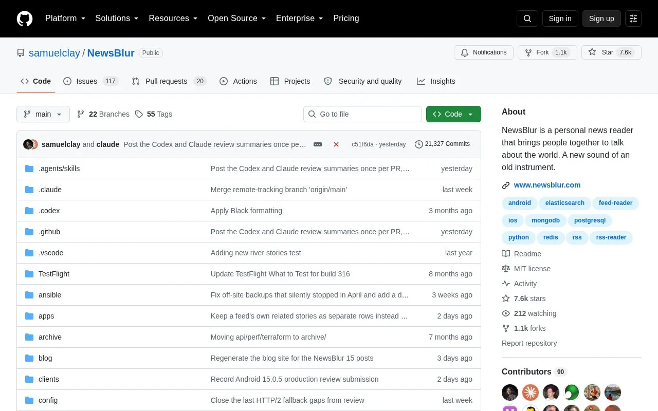 News Blur homepage screenshot
