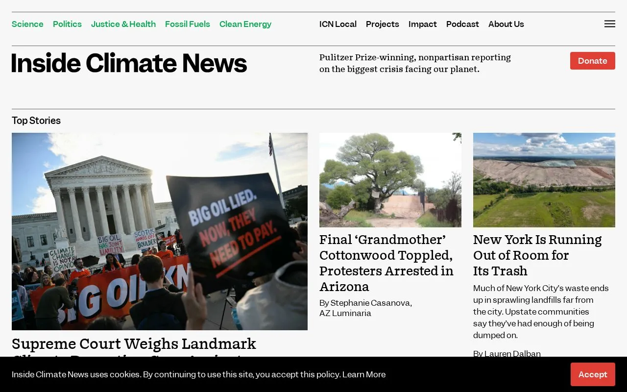 Inside Climate News homepage screenshot