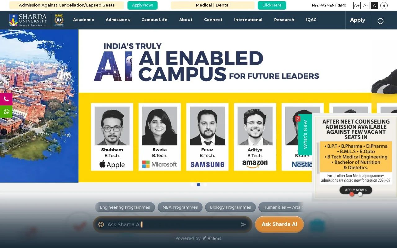 Sharda University homepage screenshot