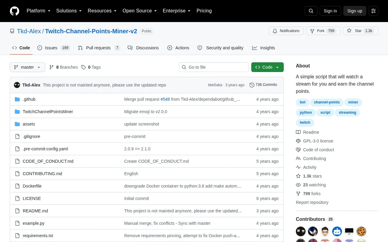 Twitch-Channel-Points-Miner-v2 homepage screenshot