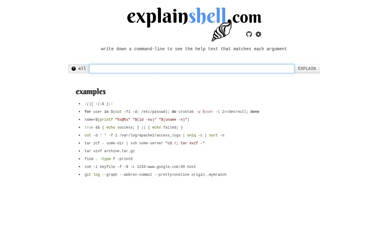 explainshell.com homepage screenshot