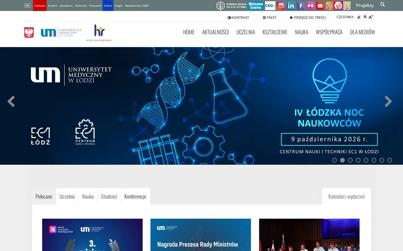 Medical University of Lodz homepage screenshot