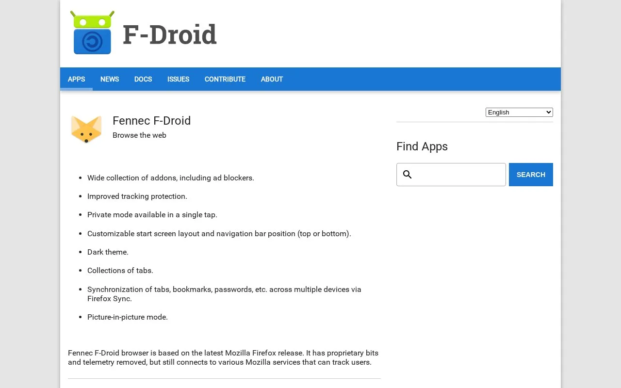 Fennec homepage screenshot