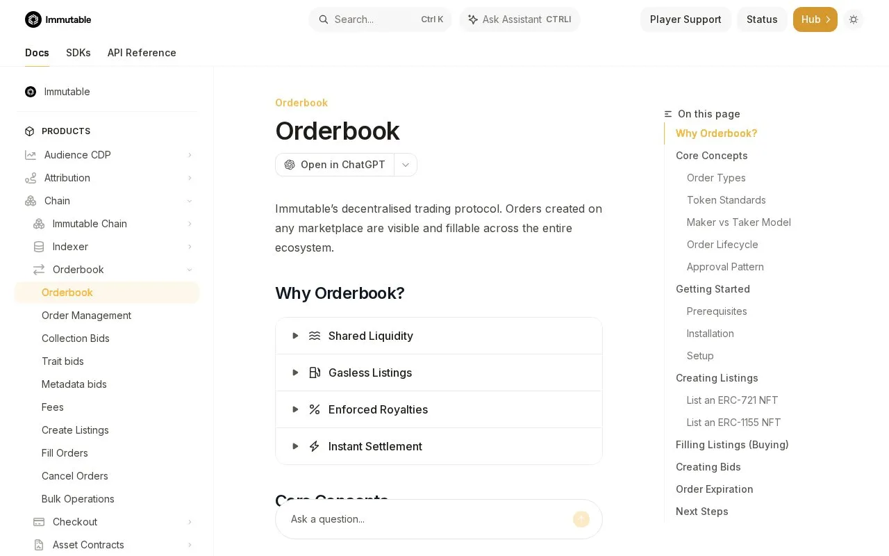Immutable Orderbook homepage screenshot