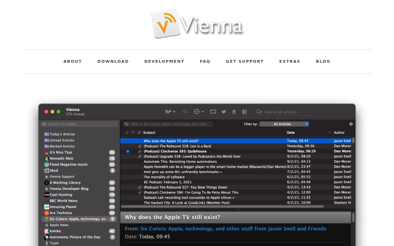 ViennaRSS homepage screenshot