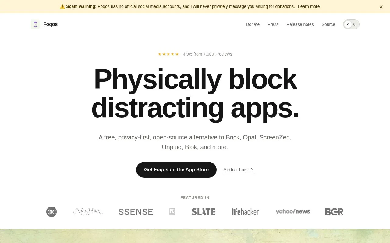 Foqos homepage screenshot