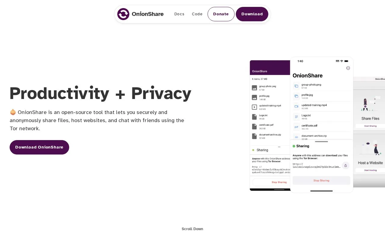 OnionShare homepage screenshot