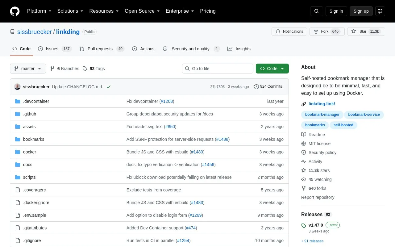Linkding homepage screenshot