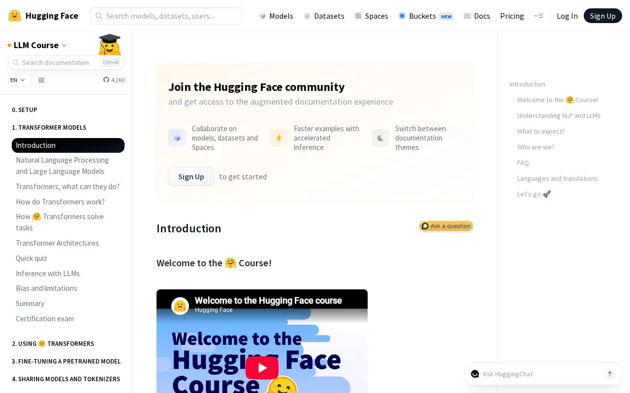 Hugging Face LLM Course homepage screenshot