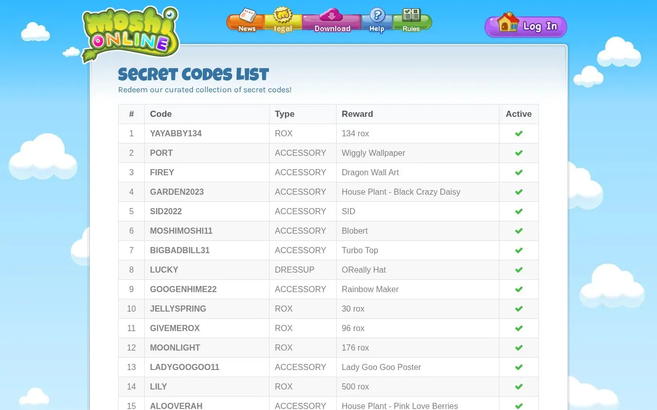 Codes homepage screenshot
