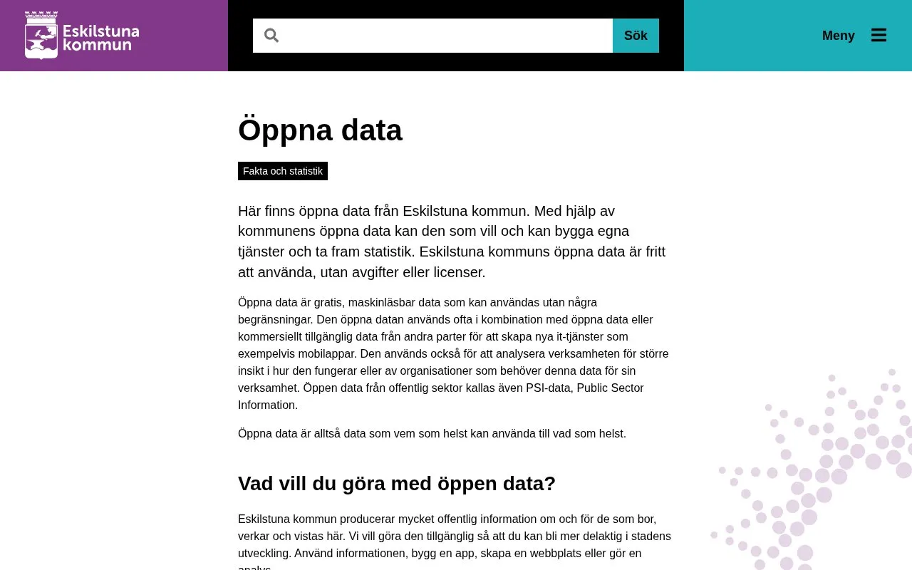 Eskilstuna Municipality Open Data portal homepage screenshot