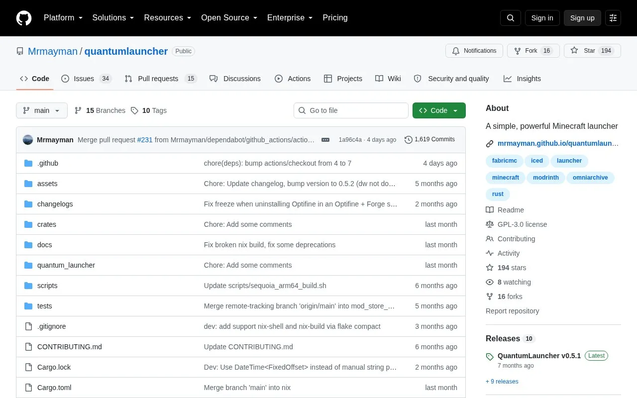 Quantum Launcher homepage screenshot
