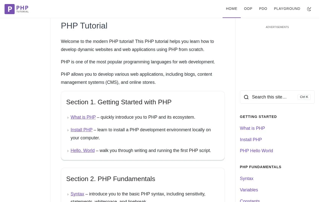 PHP Tutorial homepage screenshot