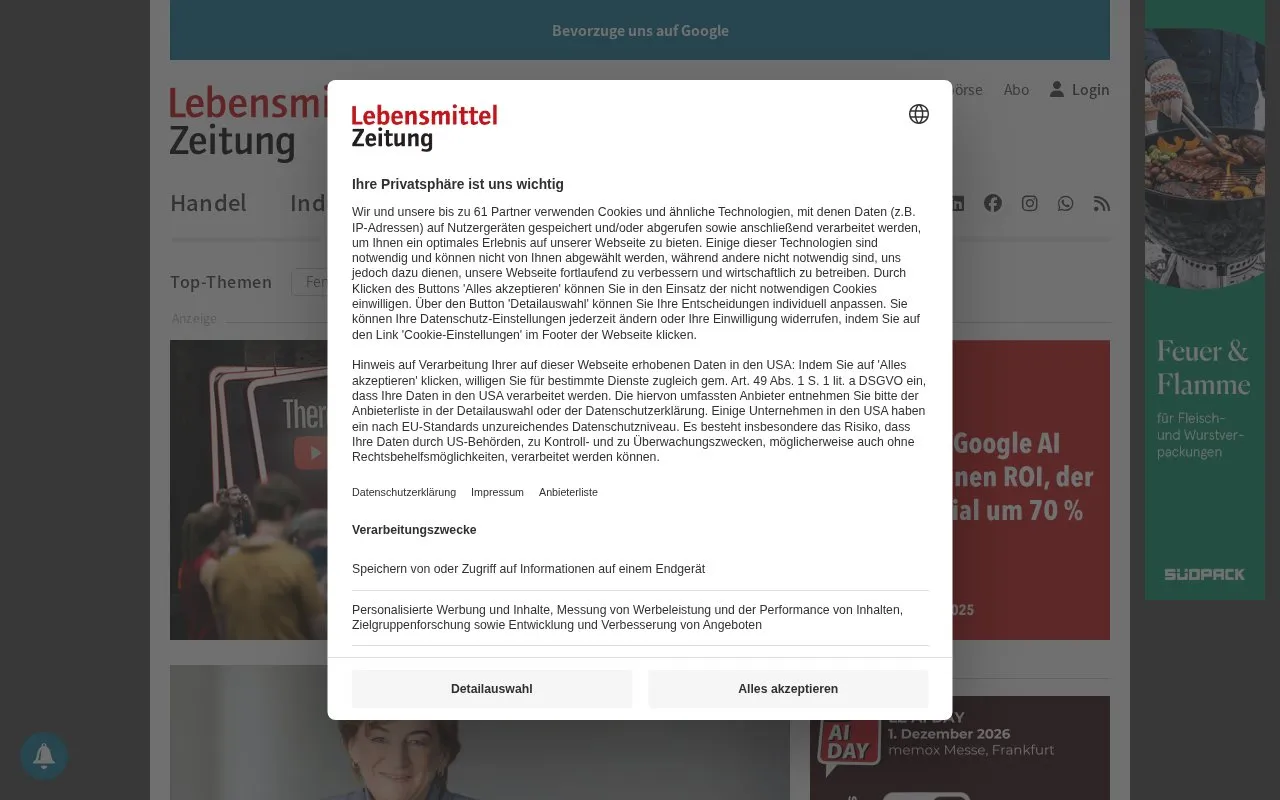 Lebensmittel Zeitung homepage screenshot