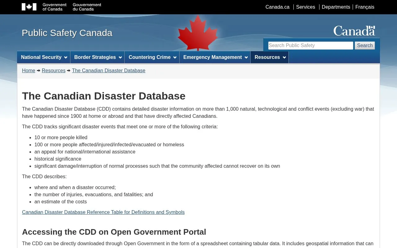 Canadian Disaster Database homepage screenshot