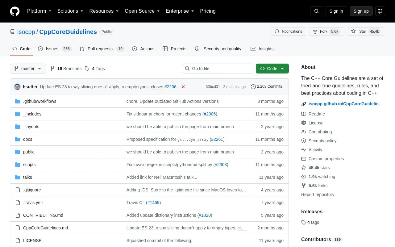Cpp Core Guidelines homepage screenshot