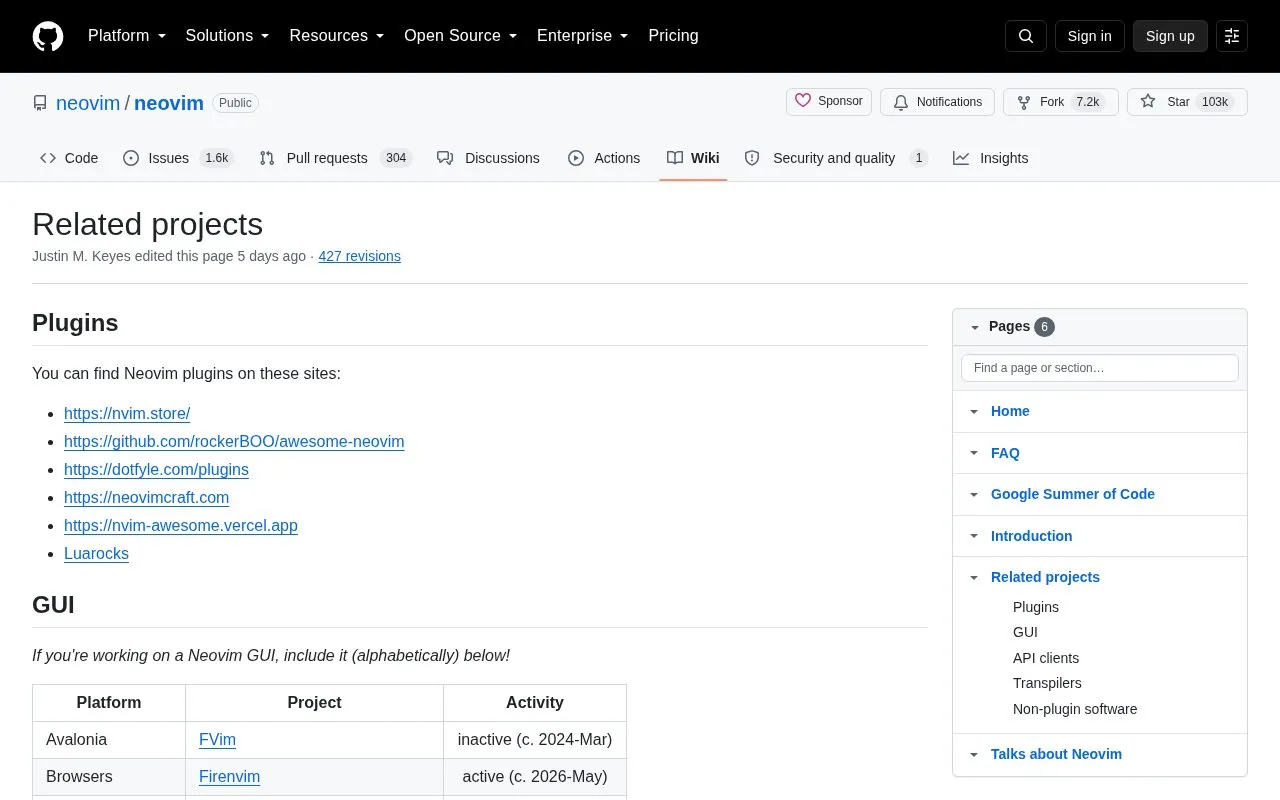 Neovim wiki##gui homepage screenshot