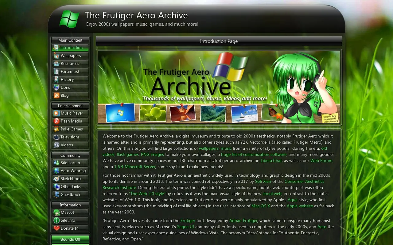 Frutiger Aero Archive homepage screenshot