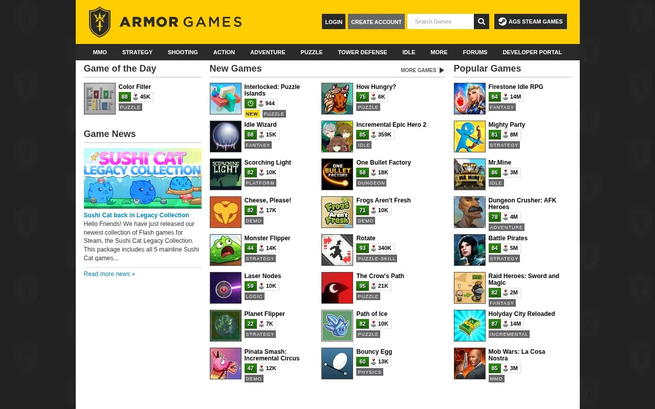 Armor Games homepage screenshot