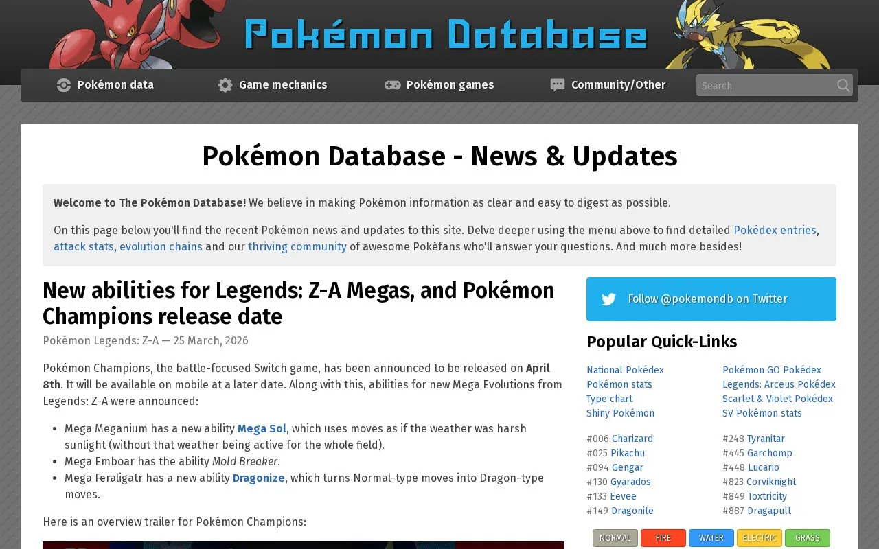 Pokémon Database homepage screenshot