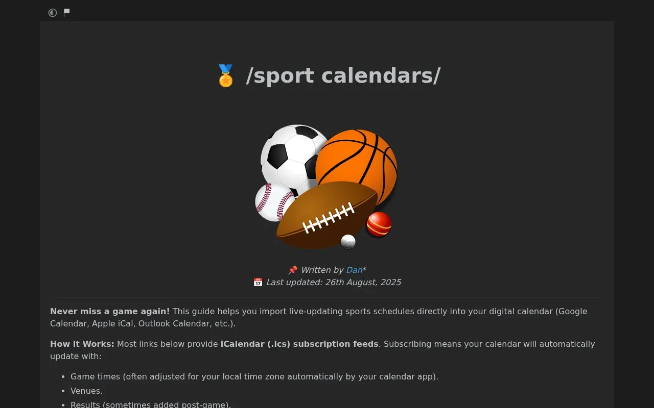 /sport calendars/ homepage screenshot