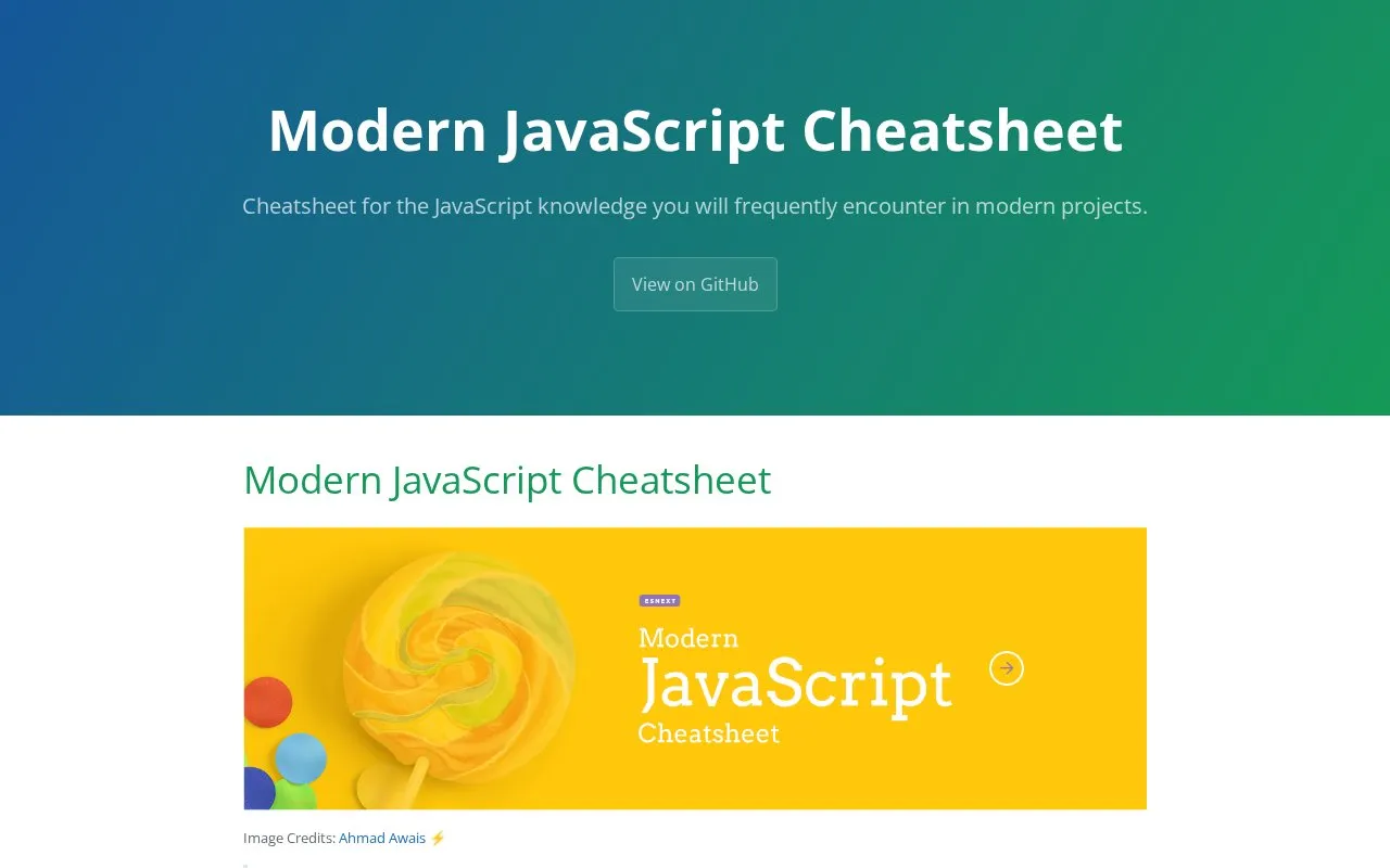 Modern JS Cheatsheet homepage screenshot